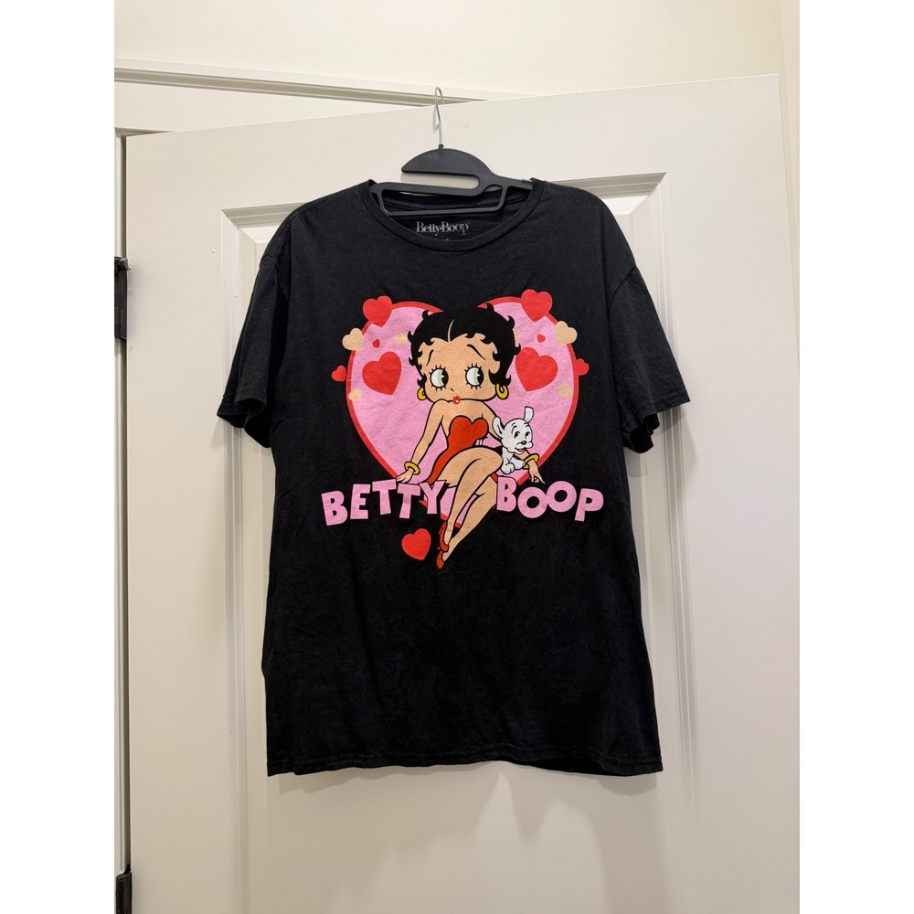Betty Boop Graphic T-Shirt Black Heart Pudgy Dog Cartoon Mens Large 2022